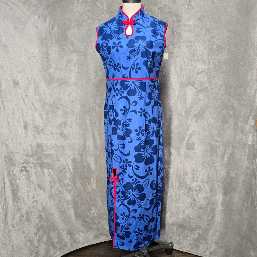 Carey Hawaii Maxi Cheongsam Dress Womens M Blue Floral Hibiscus Mandarin Collar